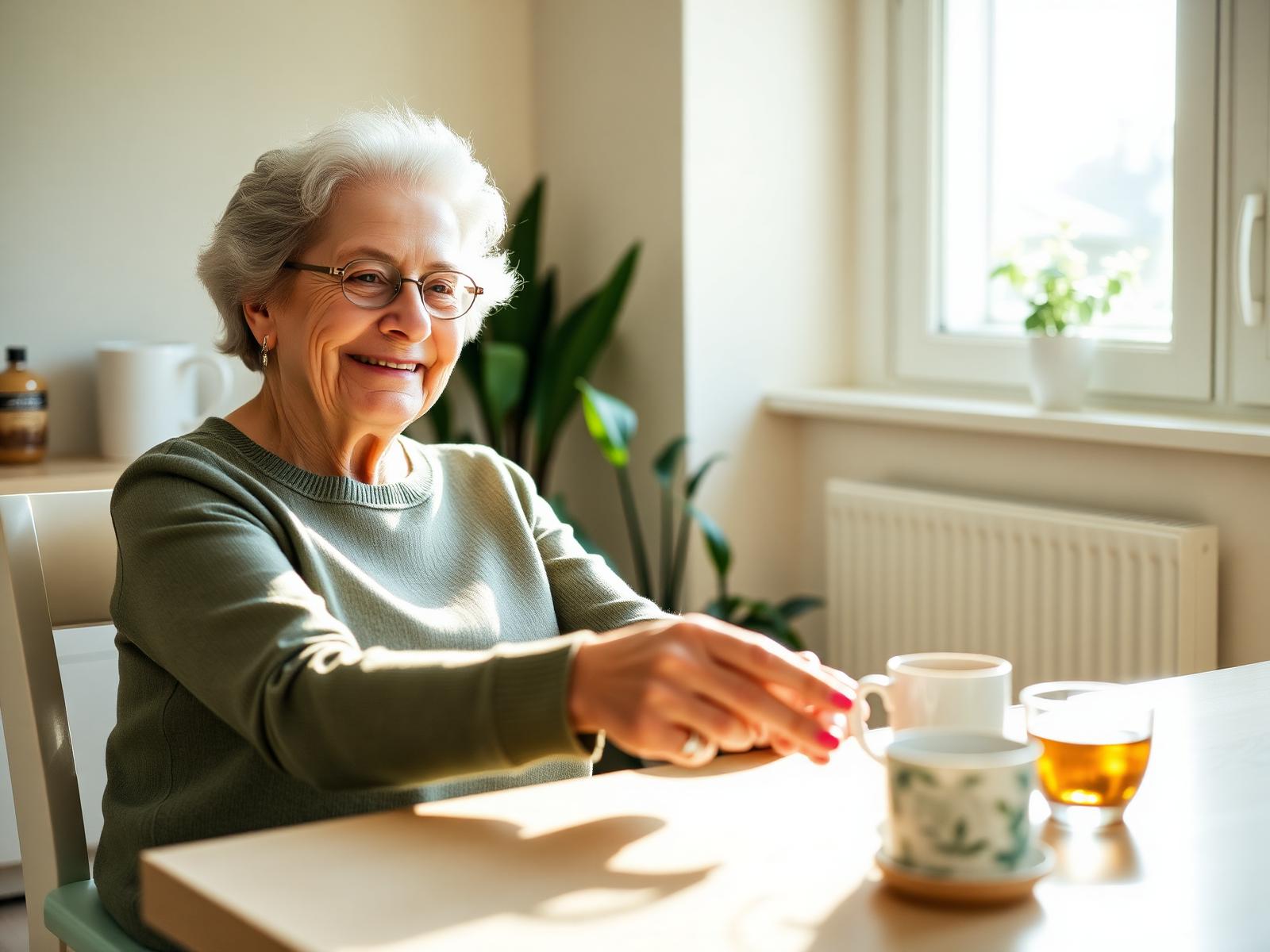 A caregiver warmly holding the hand of a smiling senior woman at a sunlit kitchen table